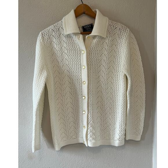 Women's Vintage Duet Creations Knit Cream Cardigan Sweater Size Med - Picture 1 of 5